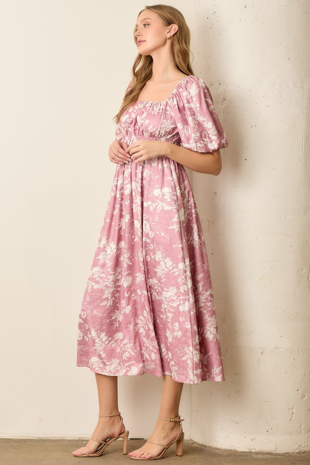 Pink Floral Puff Sleeve Smocked Waist Midi Dress