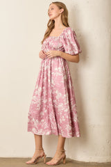 Pink Floral Puff Sleeve Smocked Waist Midi Dress