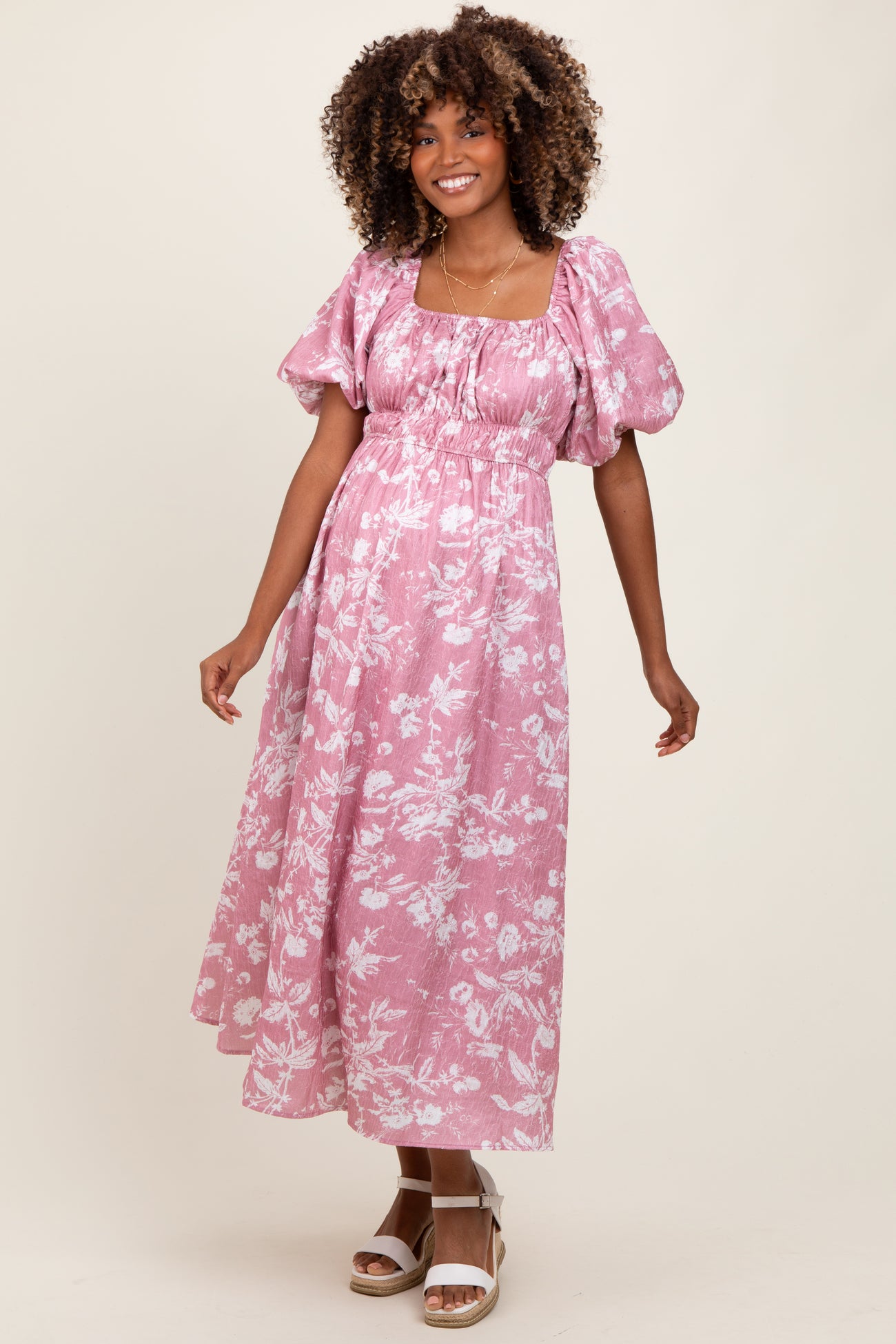 Pink Floral Puff Sleeve Smocked Waist Maternity Midi Dress