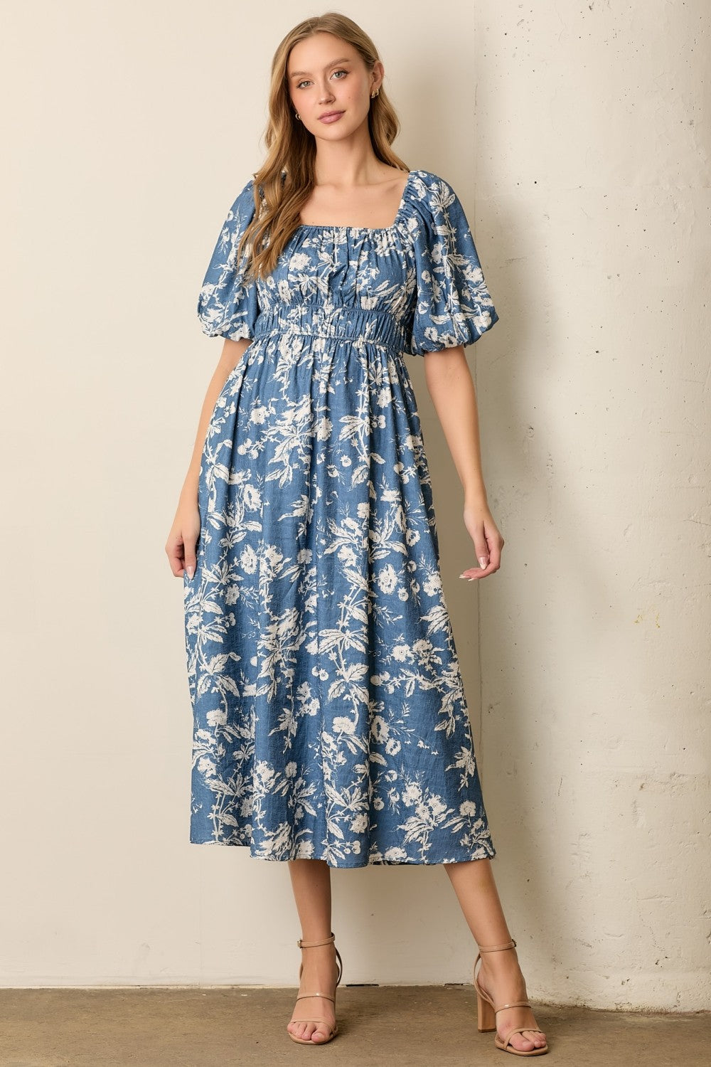 Light Navy Floral Puff Sleeve Smocked Waist Maternity Midi Dress