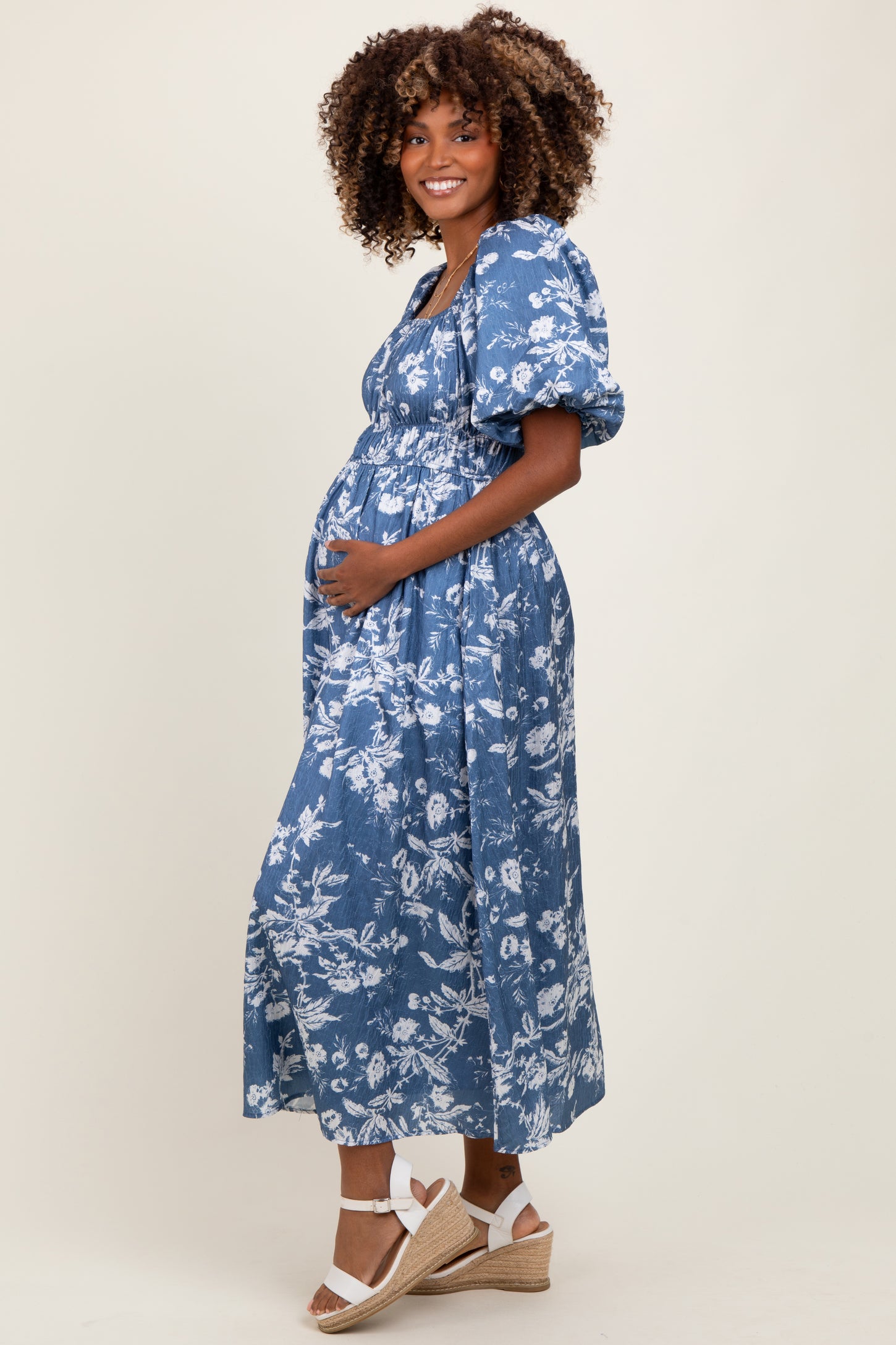 Light Navy Floral Puff Sleeve Smocked Waist Maternity Midi Dress