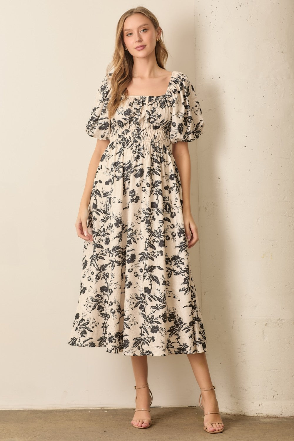 Cream Floral Puff Sleeve Smocked Waist Midi Dress