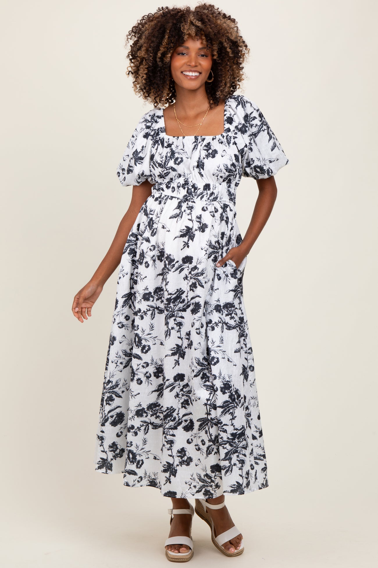Cream Floral Puff Sleeve Smocked Waist Maternity Midi Dress