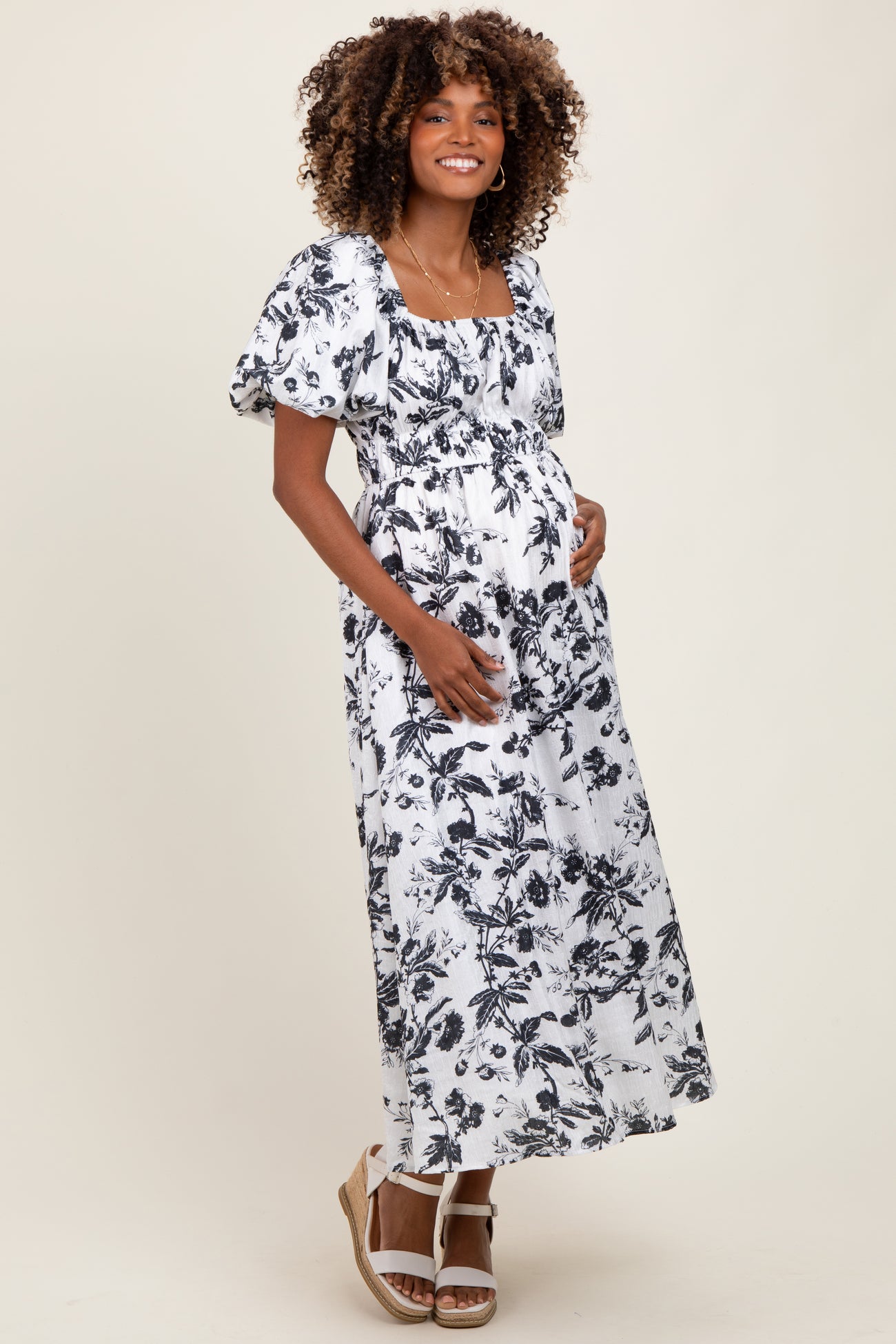 Cream Floral Puff Sleeve Smocked Waist Maternity Midi Dress
