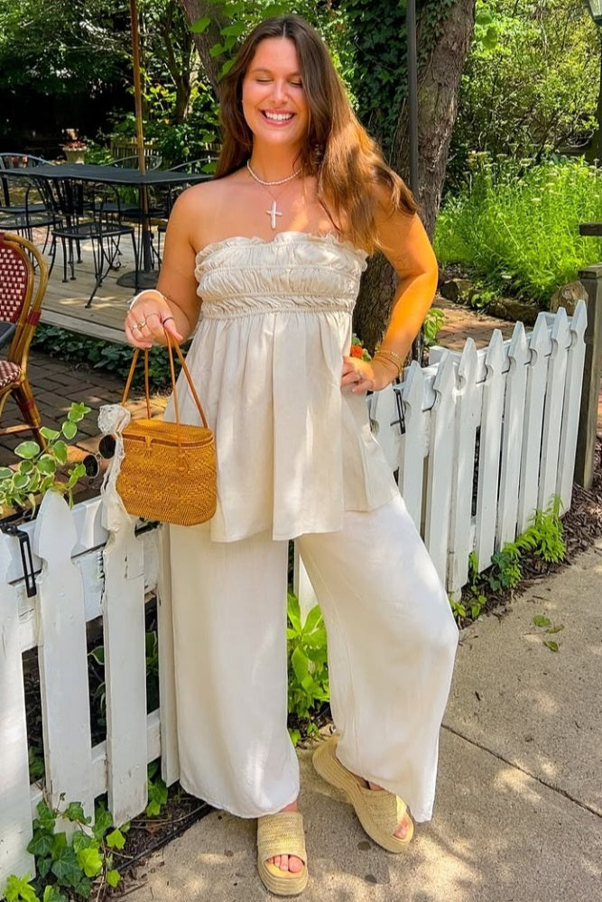Beige Linen Ruched Strapless Tube Tunic Top