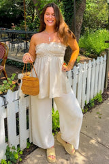 Beige Linen Ruched Strapless Tube Tunic Top