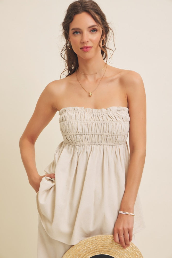 Beige Linen Ruched Strapless Tube Tunic Top