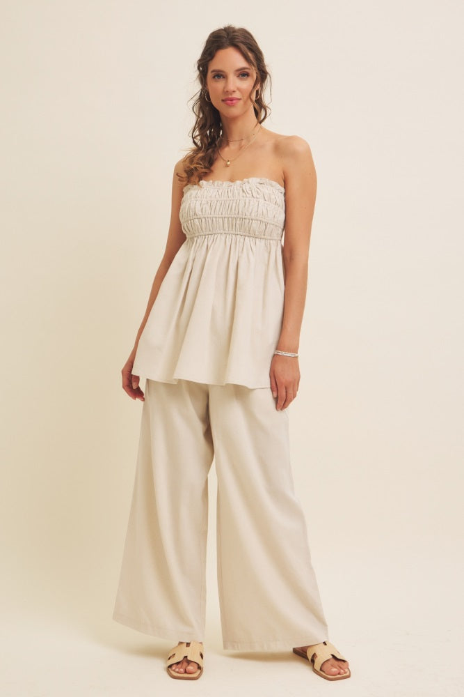 Beige Linen Ruched Strapless Tube Tunic Top