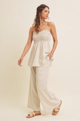 Beige Linen Ruched Strapless Tube Tunic Top