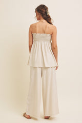 Beige Linen Ruched Strapless Tube Tunic Top