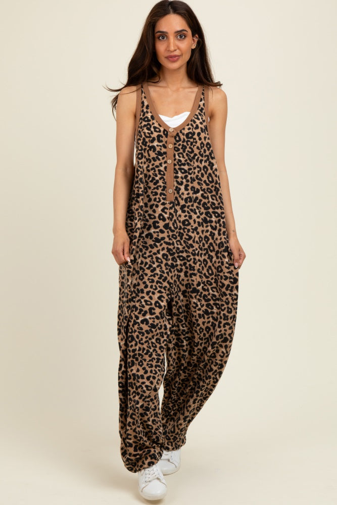 Brown Animal Print Waffle Knit Oversized Jumpsuit
