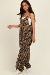 Brown Animal Print Waffle Knit Oversized Maternity Jumpsuit
