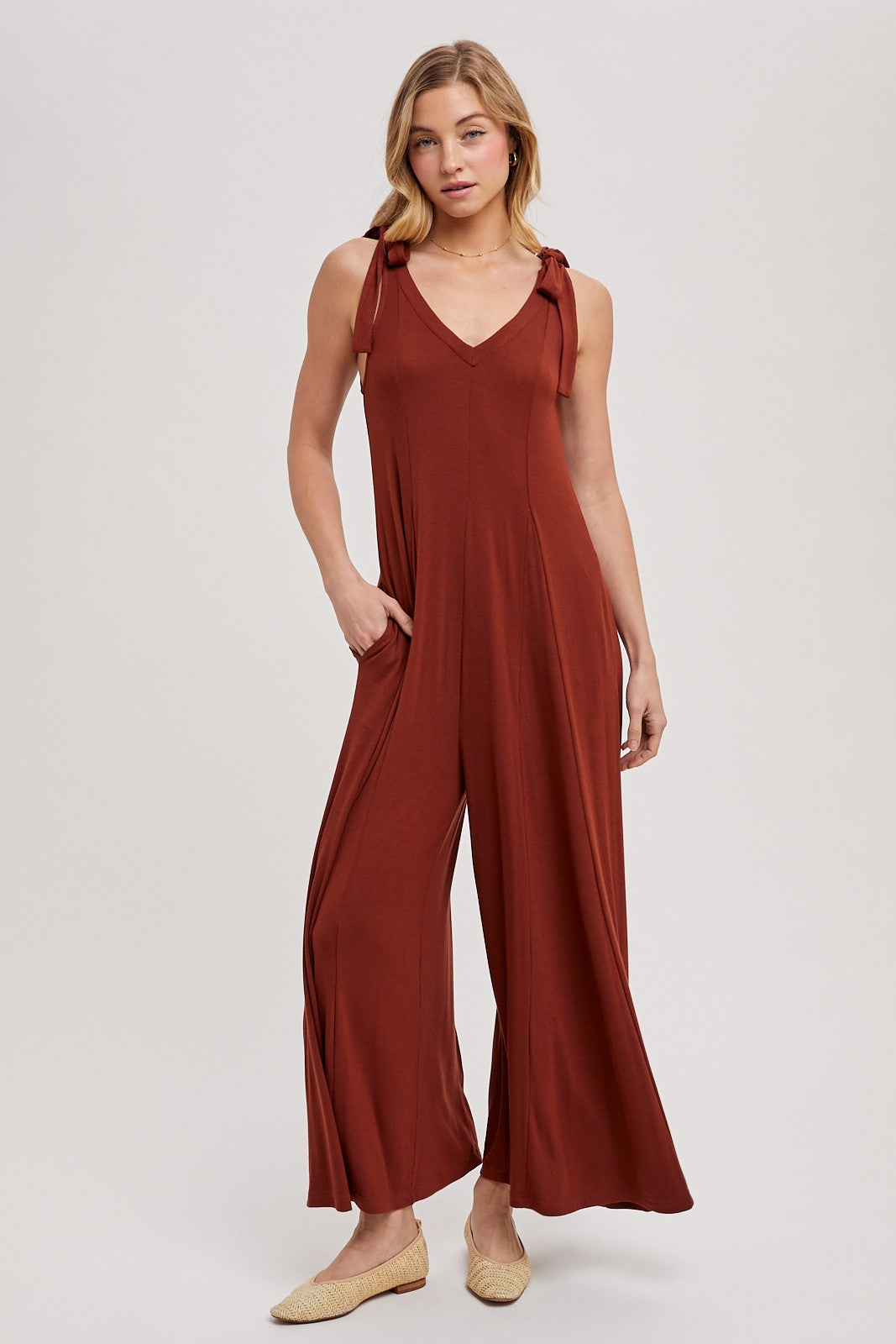 Rust Shoulder Tie Wide Leg Jumpsuit