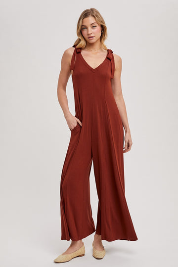 Rust Shoulder Tie Wide Leg Jumpsuit