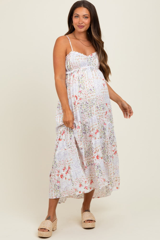 Ivory Floral Sleeveless Tiered Ruffle Detail Maternity Maxi Dress