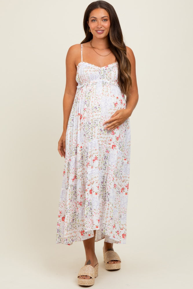 Ivory Floral Sleeveless Tiered Ruffle Detail Maternity Maxi Dress