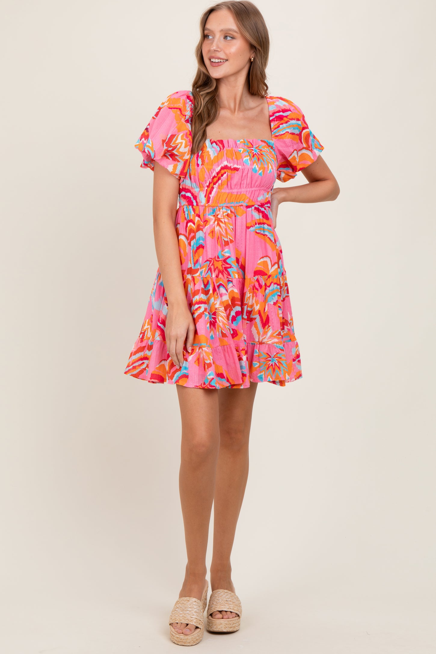 Pink Printed Smocked Puff Sleeve Mini Dress