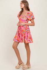 Pink Printed Smocked Puff Sleeve Mini Dress