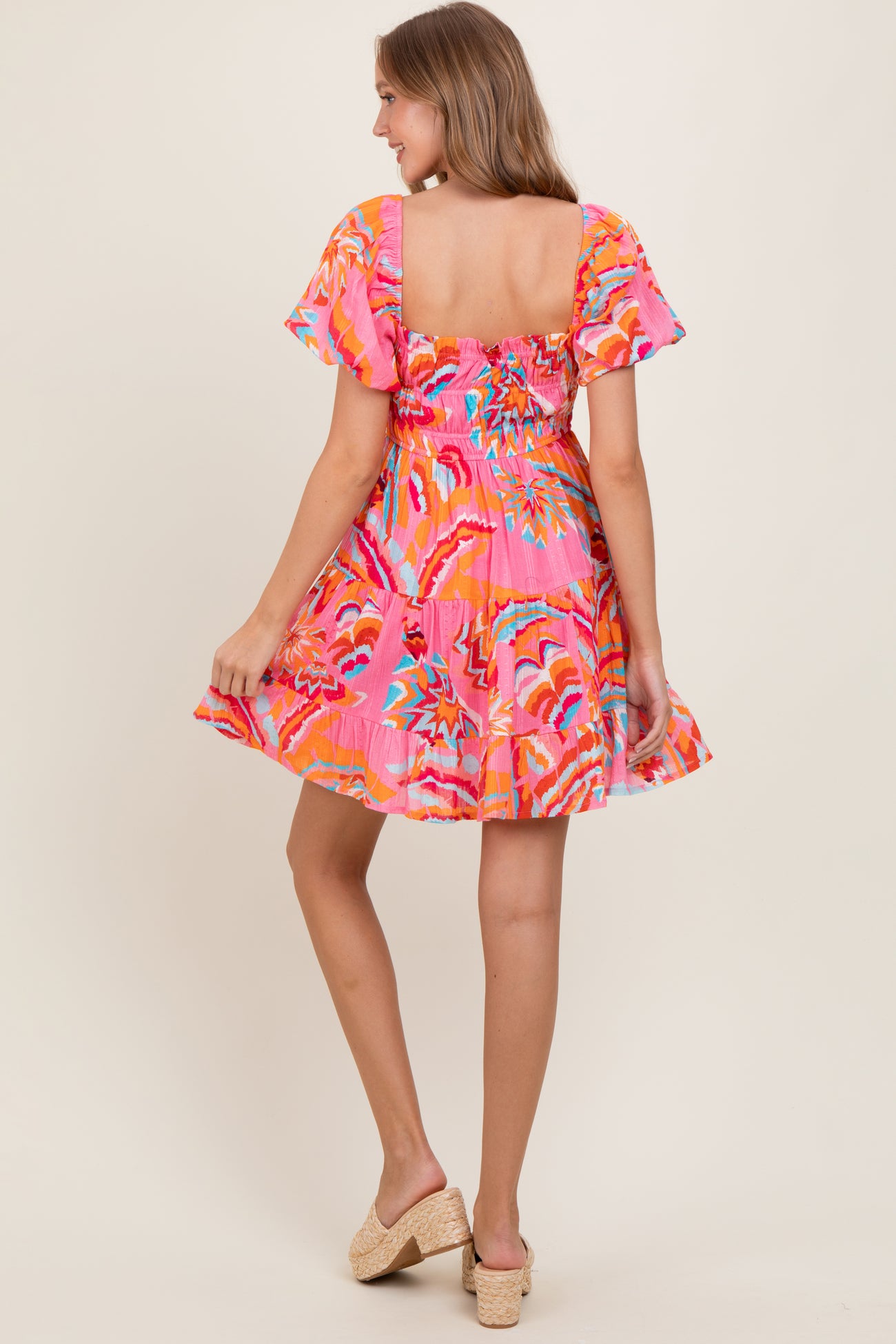 Pink Printed Smocked Puff Sleeve Mini Dress