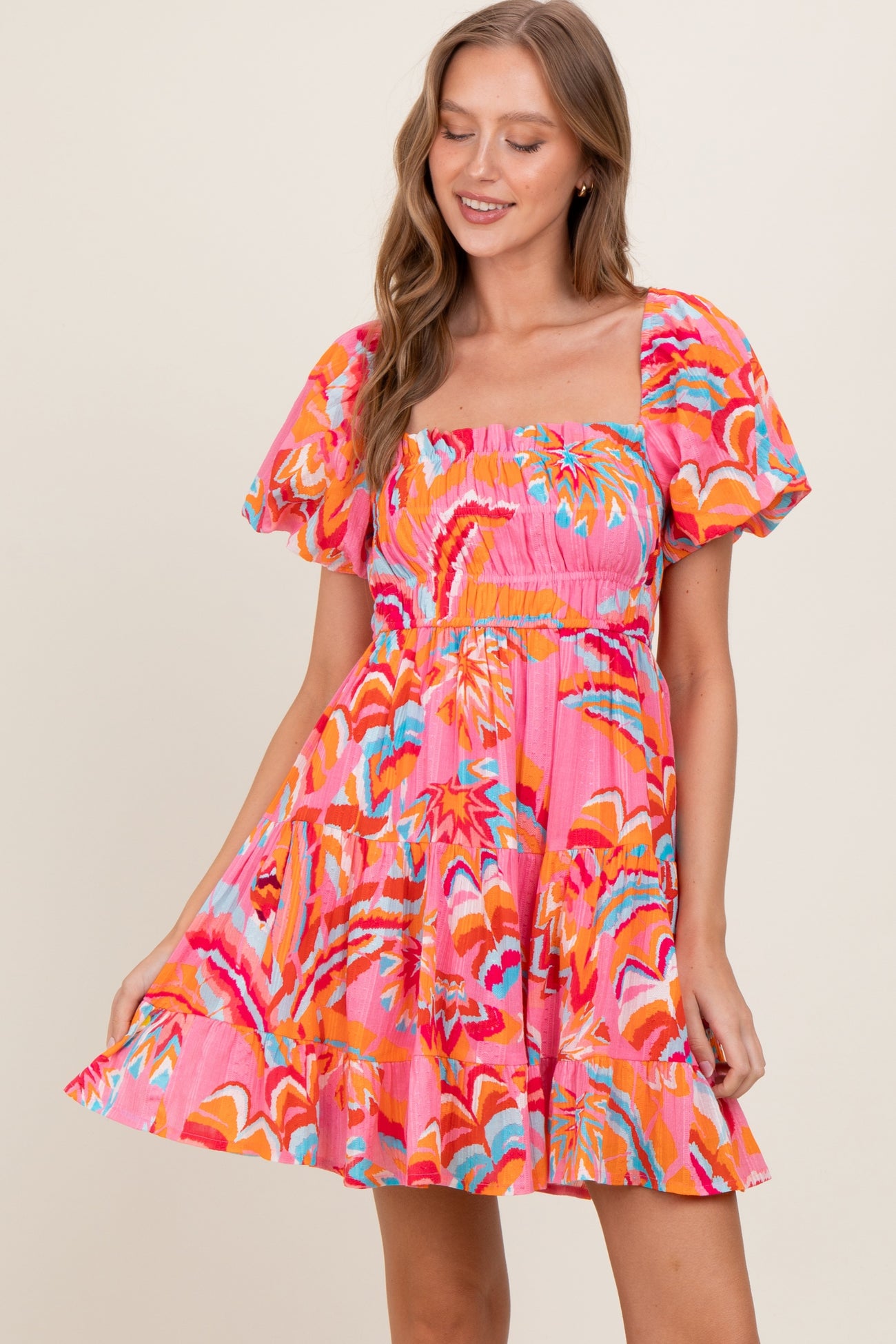 Pink Printed Smocked Puff Sleeve Maternity Mini Dress