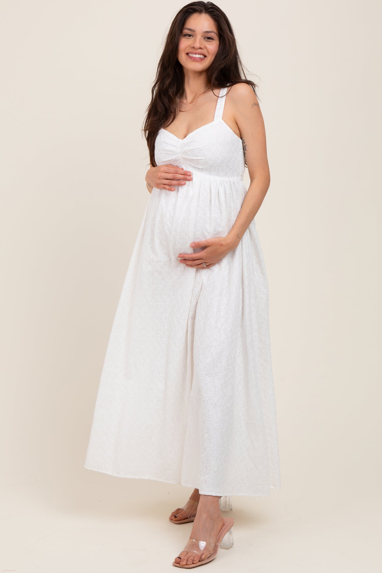 Ivory Eyelet Lace Sweetheart Neckline Maternity Midi Dress