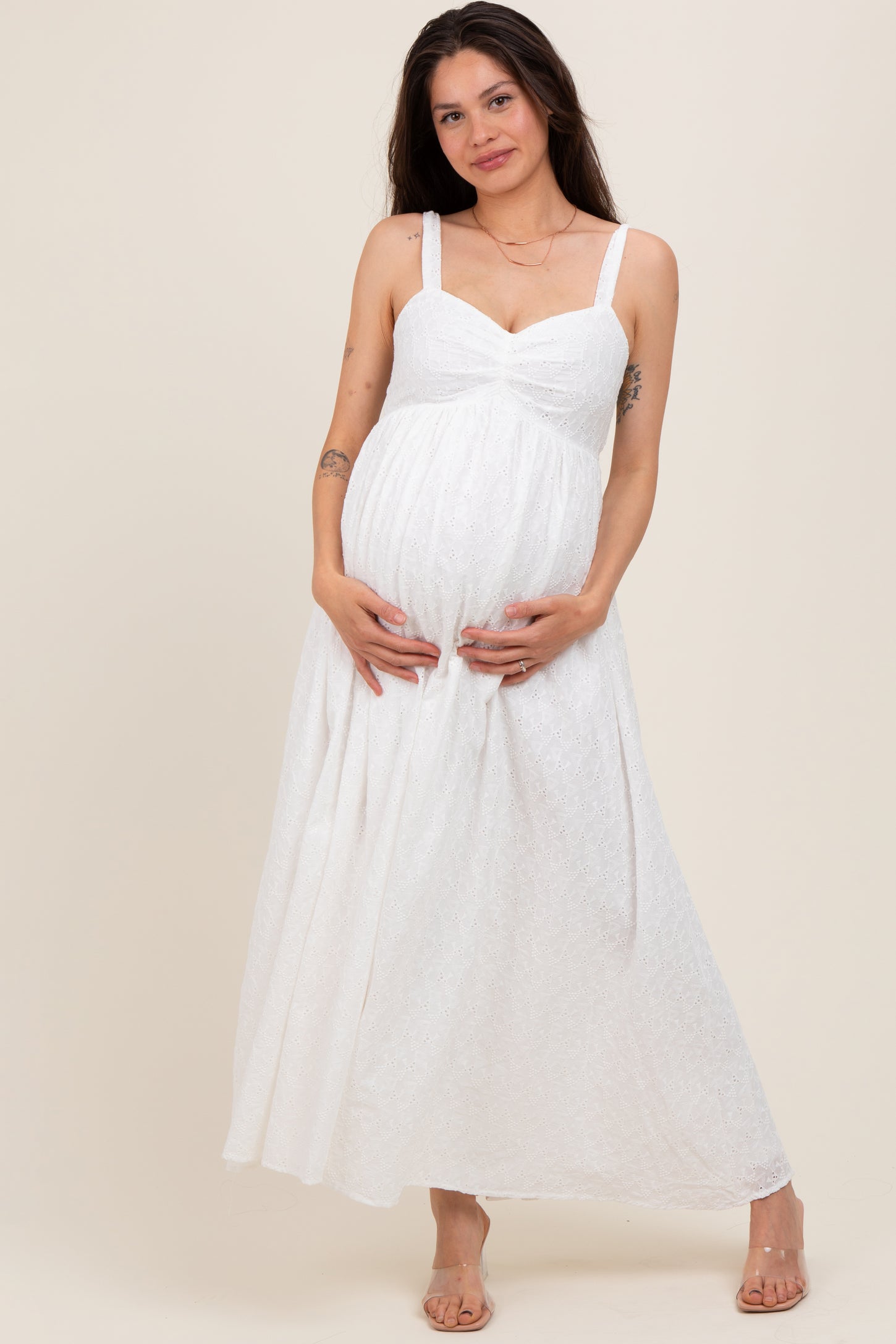 Ivory Eyelet Lace Sweetheart Neckline Maternity Midi Dress