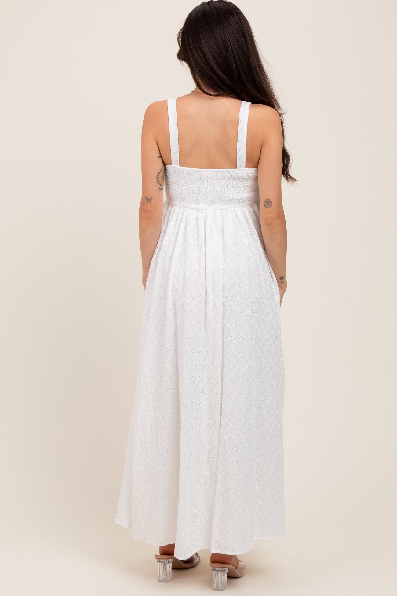 Ivory Eyelet Lace Sweetheart Neckline Maternity Midi Dress
