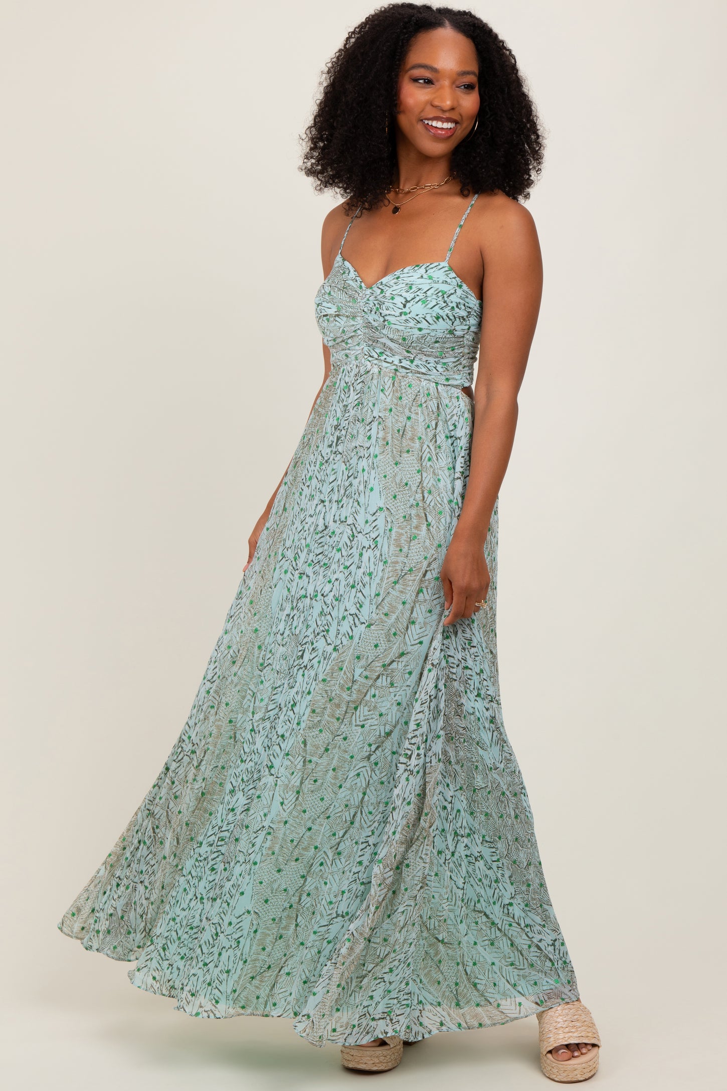 Mint Green Floral Cutout Tie Back Maxi Dress