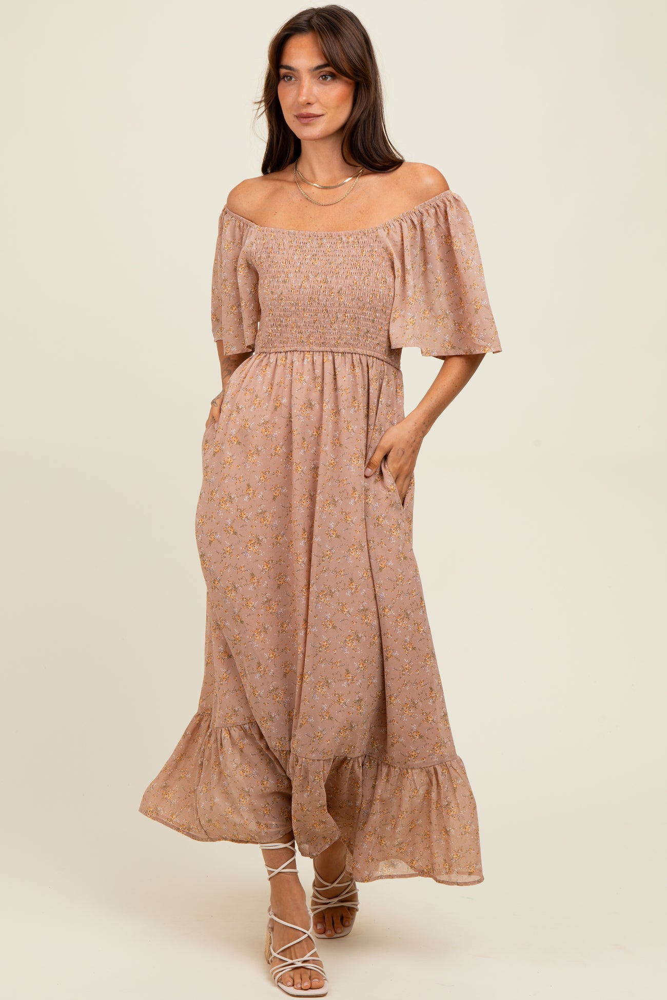Mauve Floral Flutter Sleeve Ruffle Hem Maternity Midi Dress