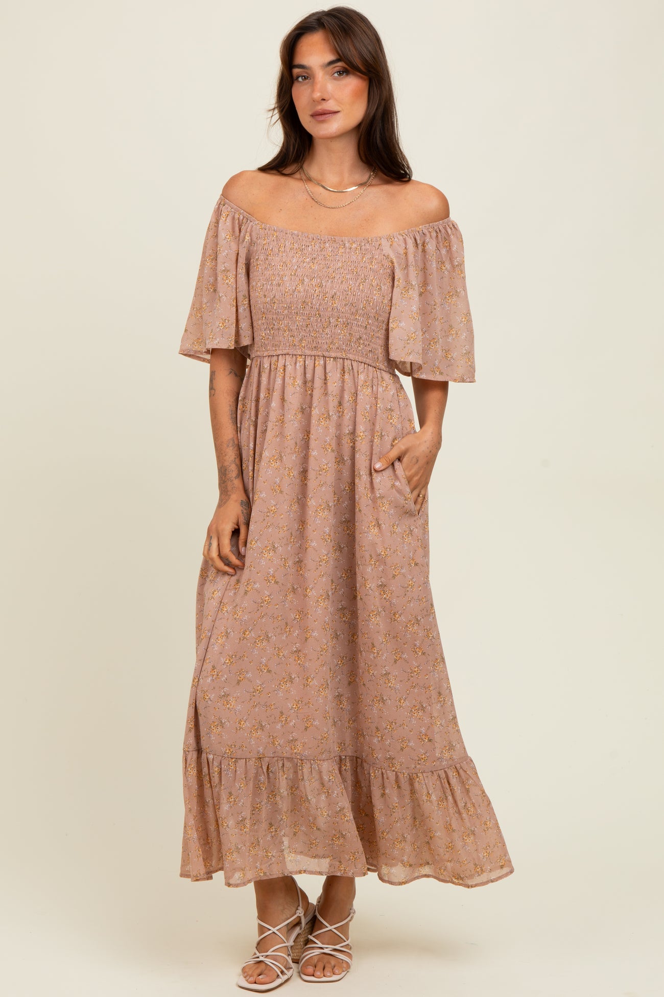 Mauve Floral Flutter Sleeve Ruffle Hem Midi Dress