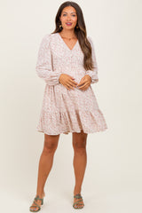 Beige Floral Long Sleeve Maternity Dress