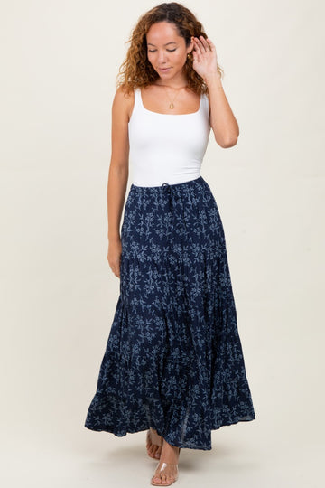 Navy Floral Drawstring Tiered Maxi Skirt