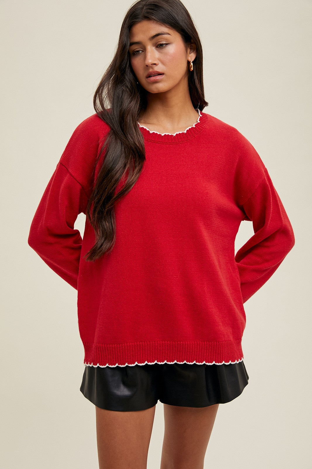 Red Contrast Scallop Trim Sweater