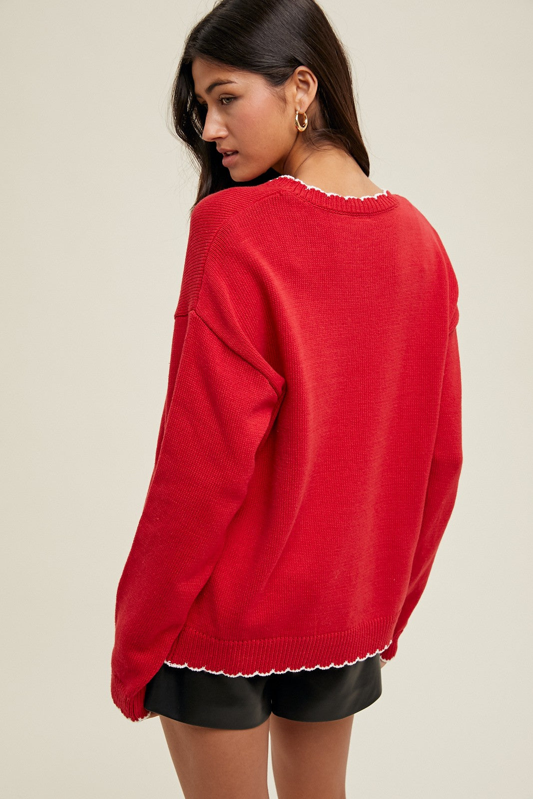 Red Contrast Scallop Trim Sweater