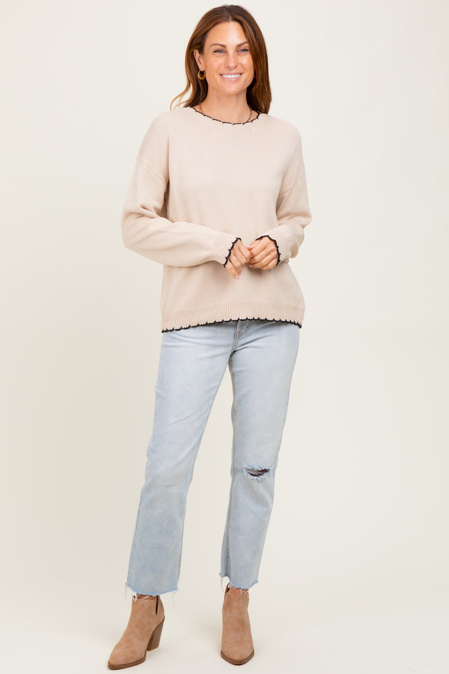 Taupe Contrast Scallop Trim Sweater