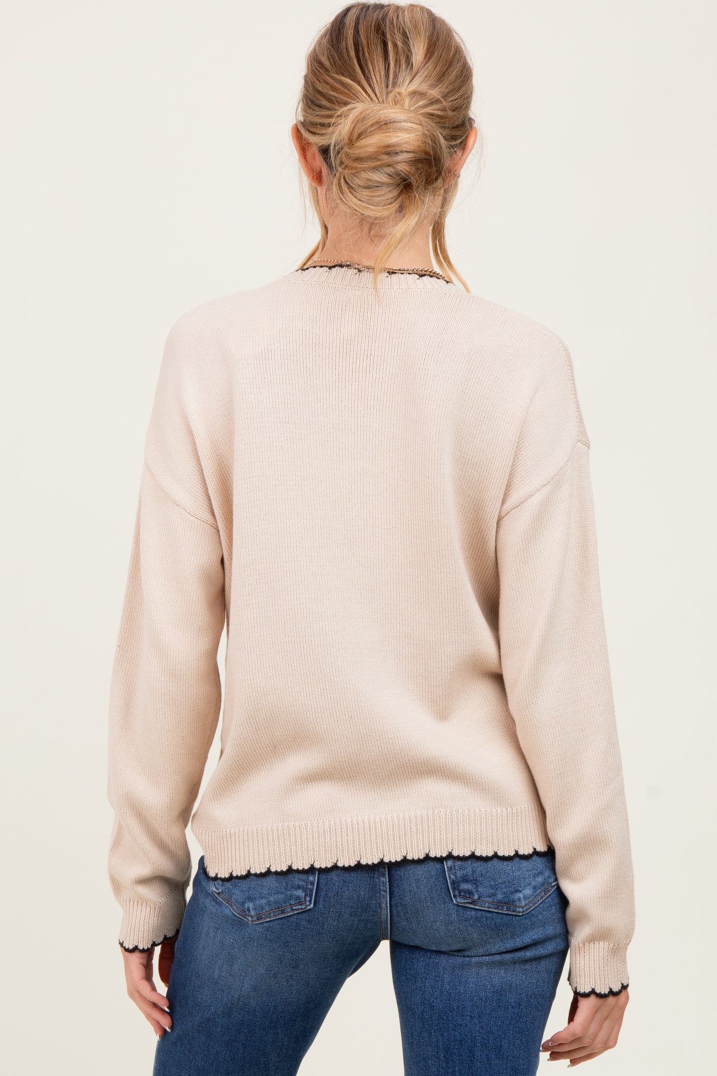 Taupe Contrast Scallop Trim Maternity Sweater