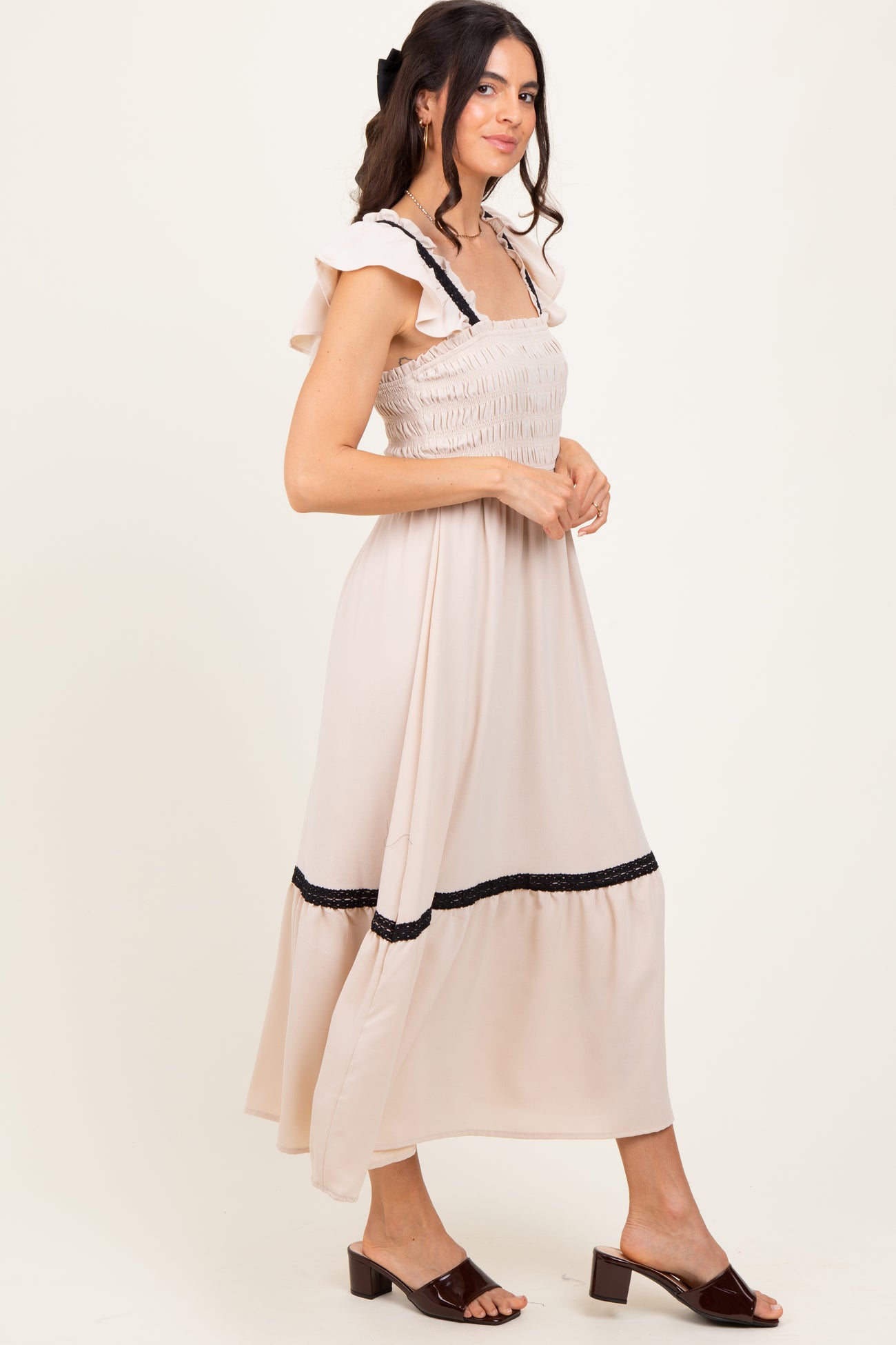 Beige Smocked Lace Detail Midi Dress