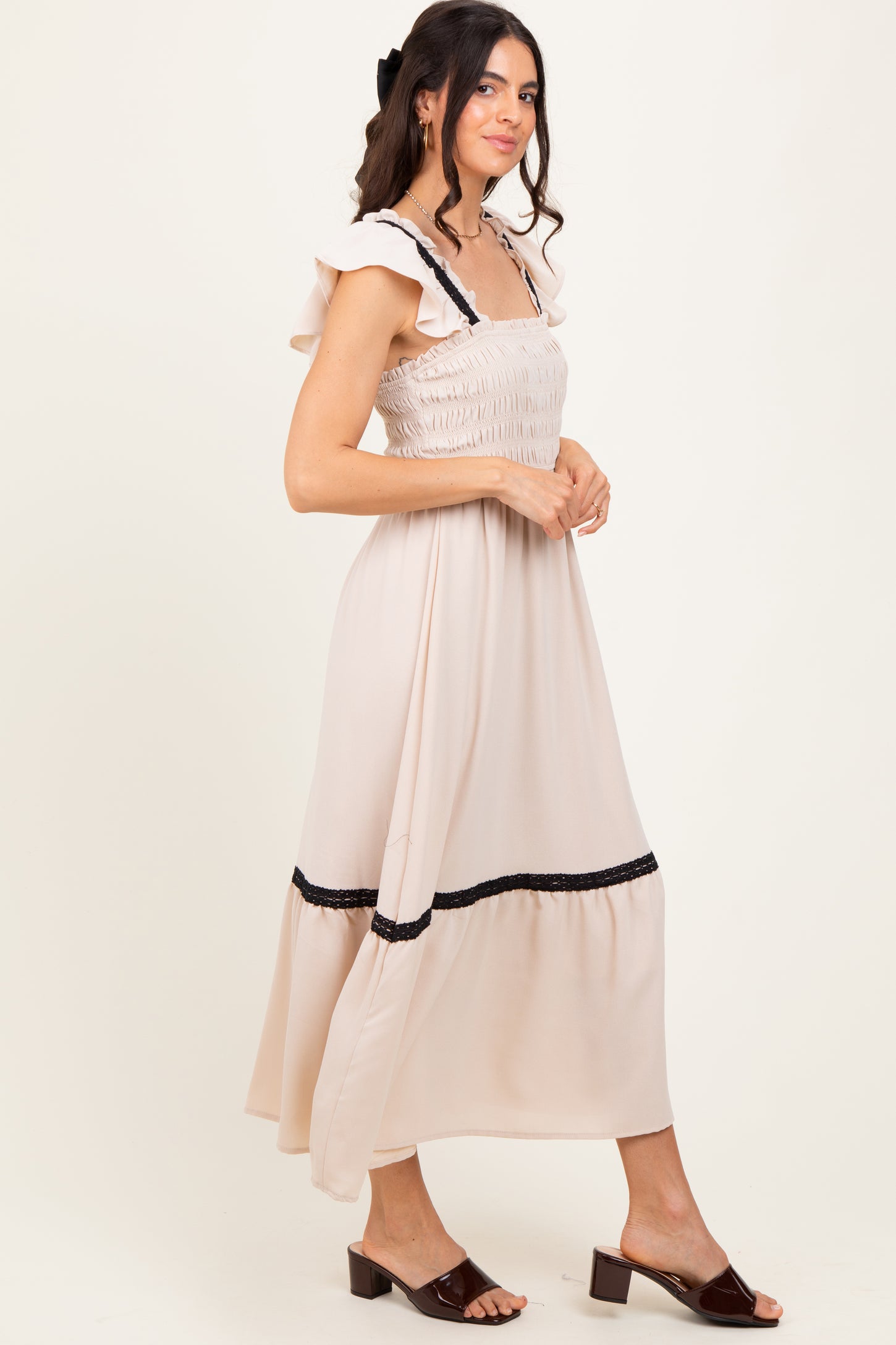 Beige Smocked Lace Detail Midi Dress