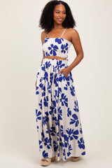 Royal Blue Floral Smocked Top With Maxi Skirt Maternity Set