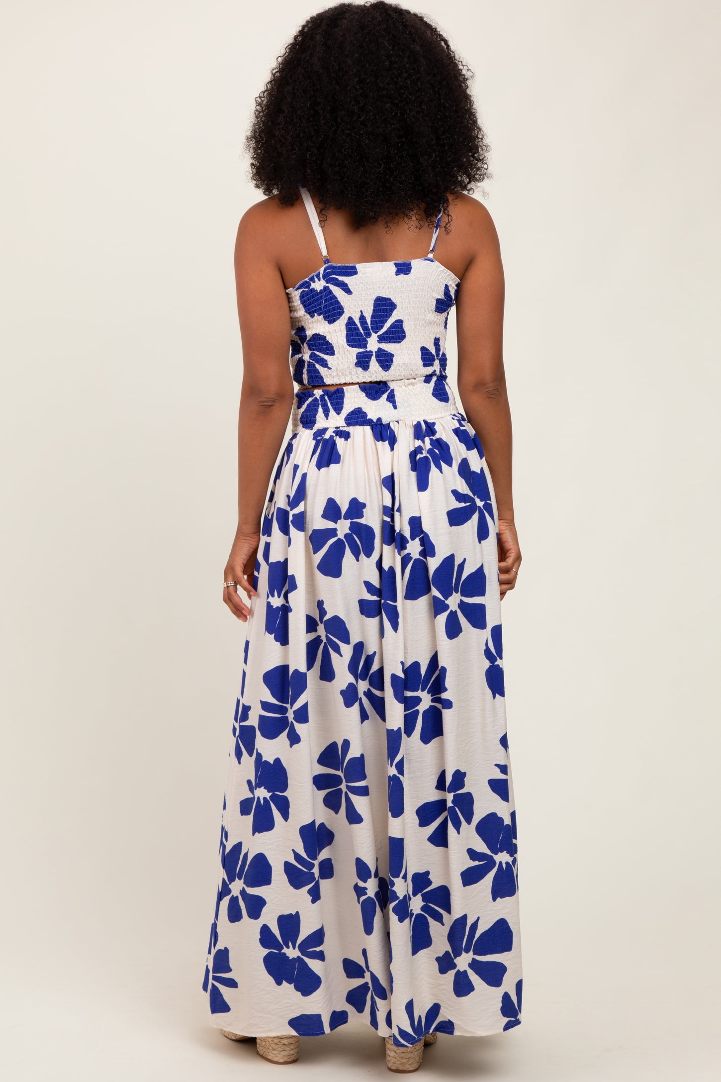 Royal Blue Floral Smocked Top With Maxi Skirt Set