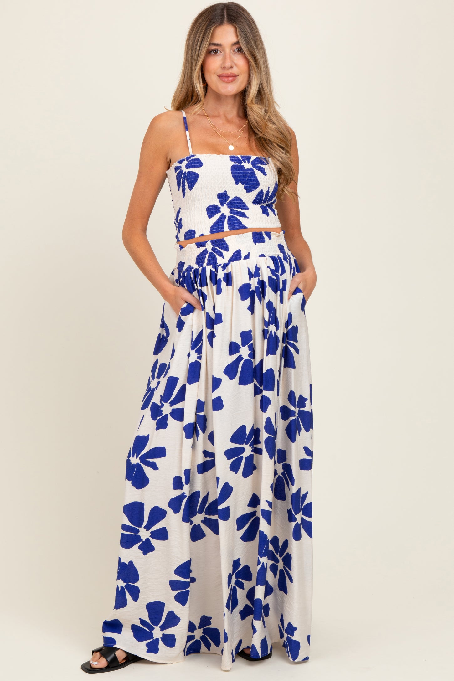 Royal Blue Floral Smocked Top With Maxi Skirt Maternity Set