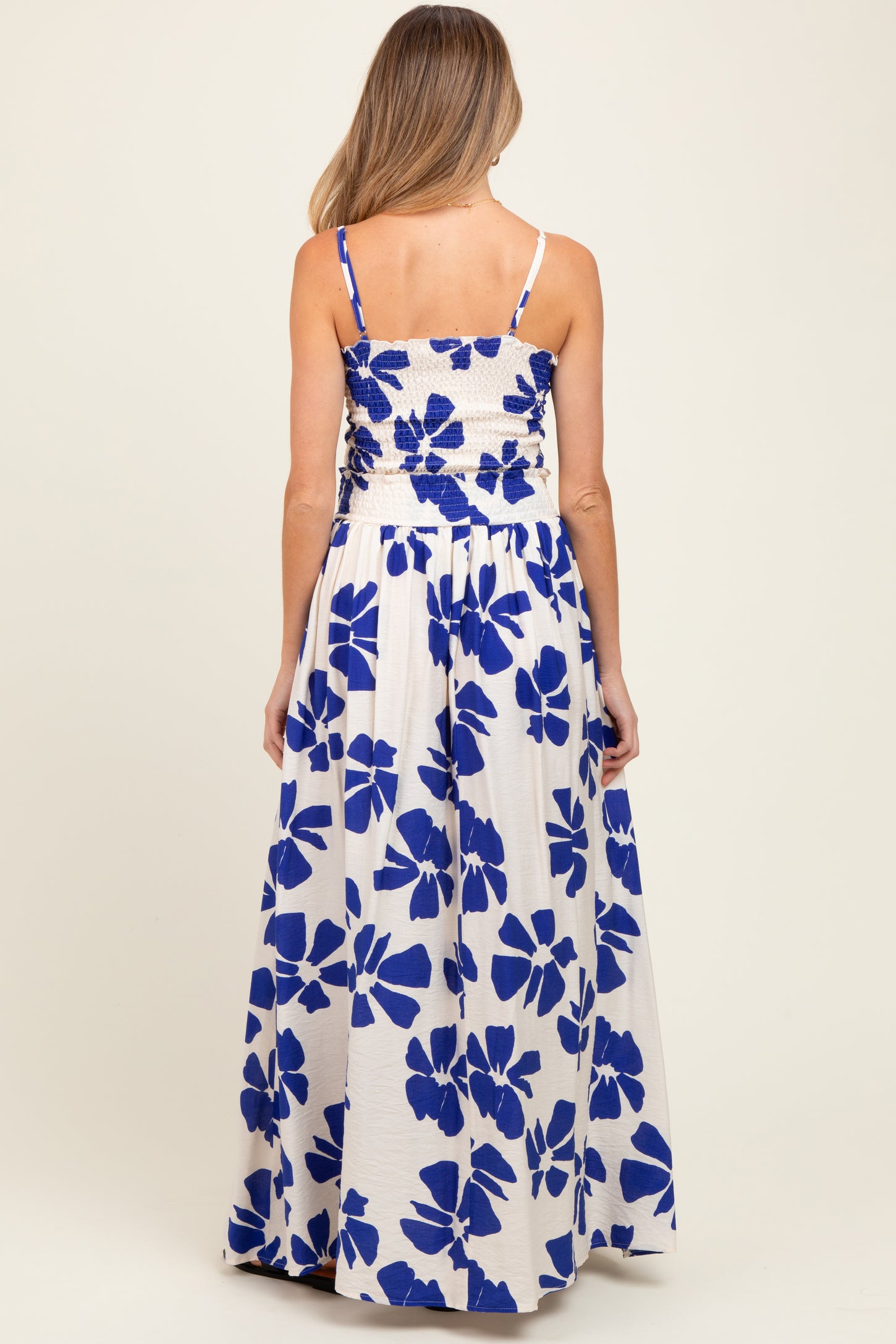 Royal Blue Floral Smocked Top With Maxi Skirt Maternity Set