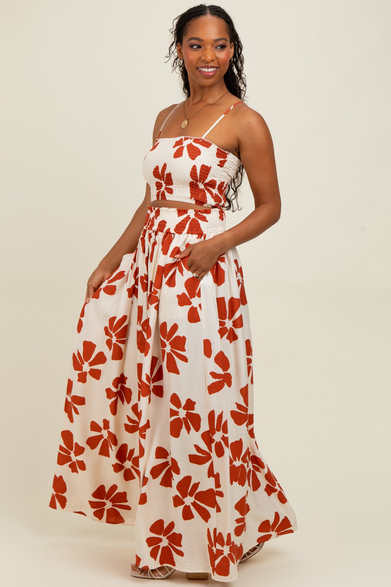 Rust Floral Smocked Top With Maxi Skirt Set