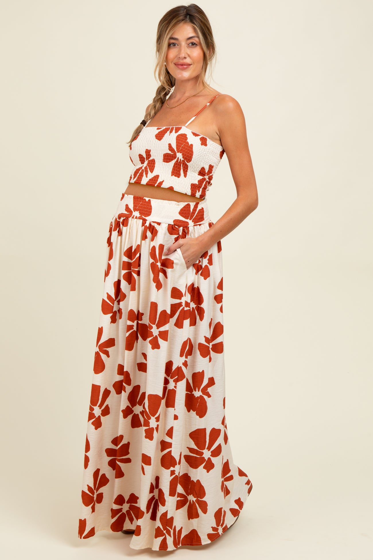Rust Floral Smocked Top With Maxi Skirt Maternity Set