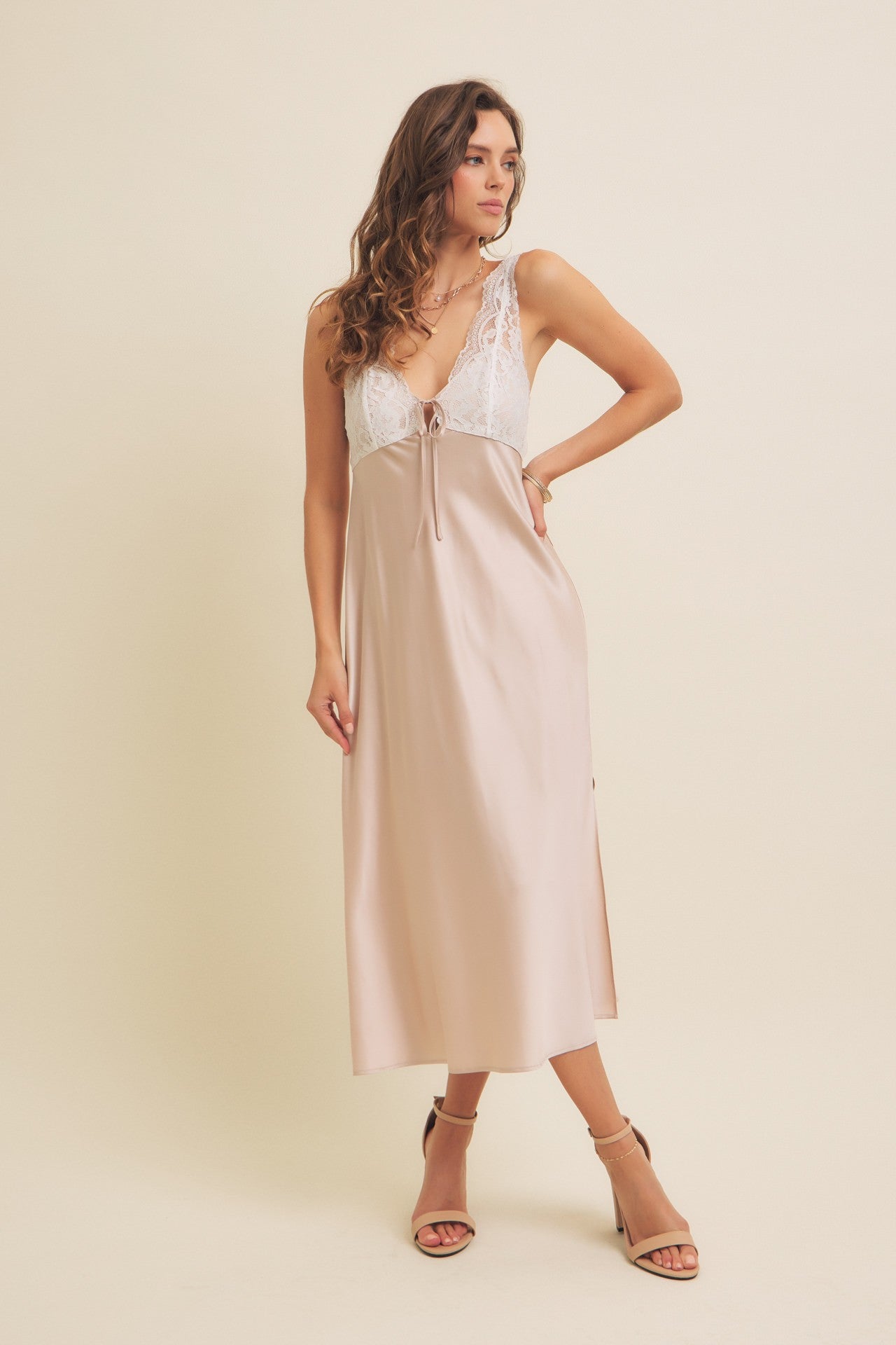 Beige Satin Lace Side Slit Slip Dress