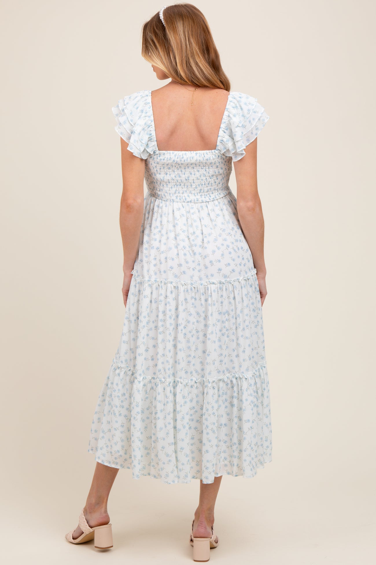 Light Blue Elegant Chiffon Floral Smocked Maternity Midi Dress