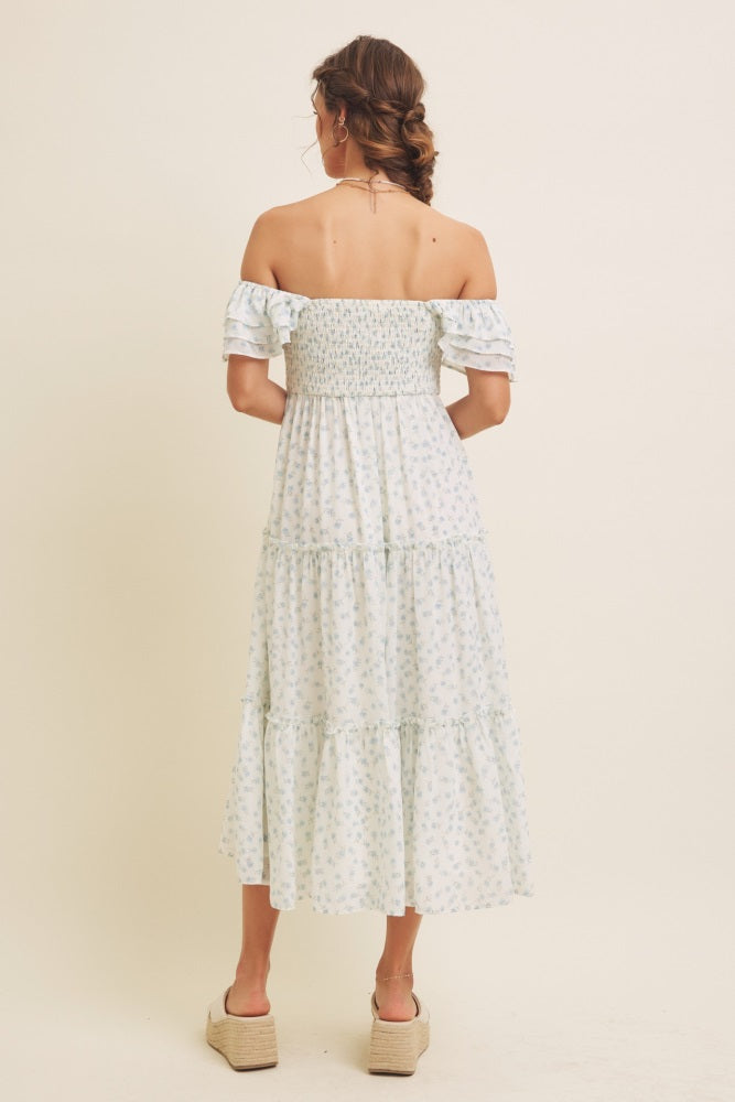 Light Blue Elegant Chiffon Floral Smocked Midi Dress