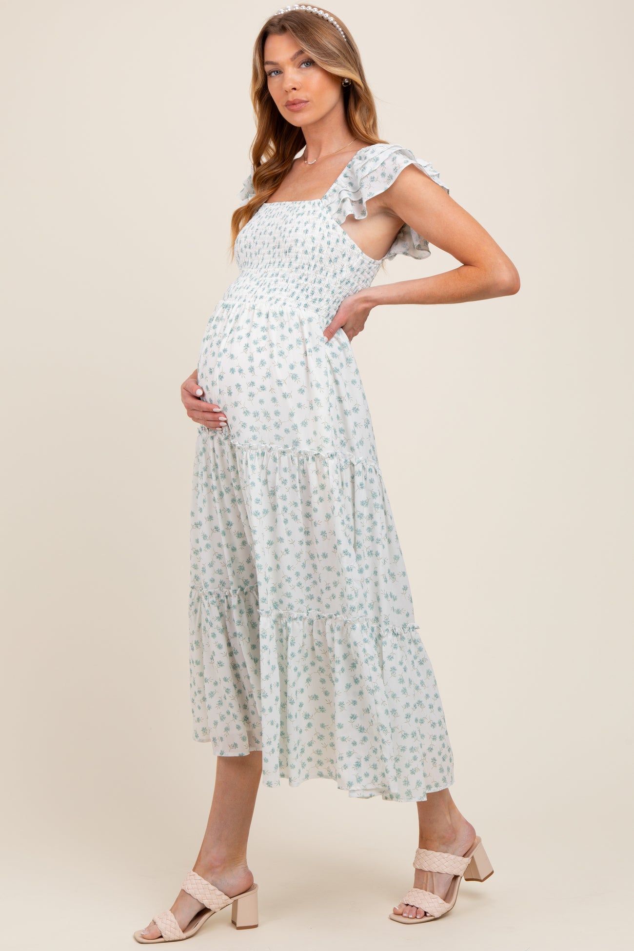 Jade Elegant Chiffon Floral Smocked Maternity Midi Dress