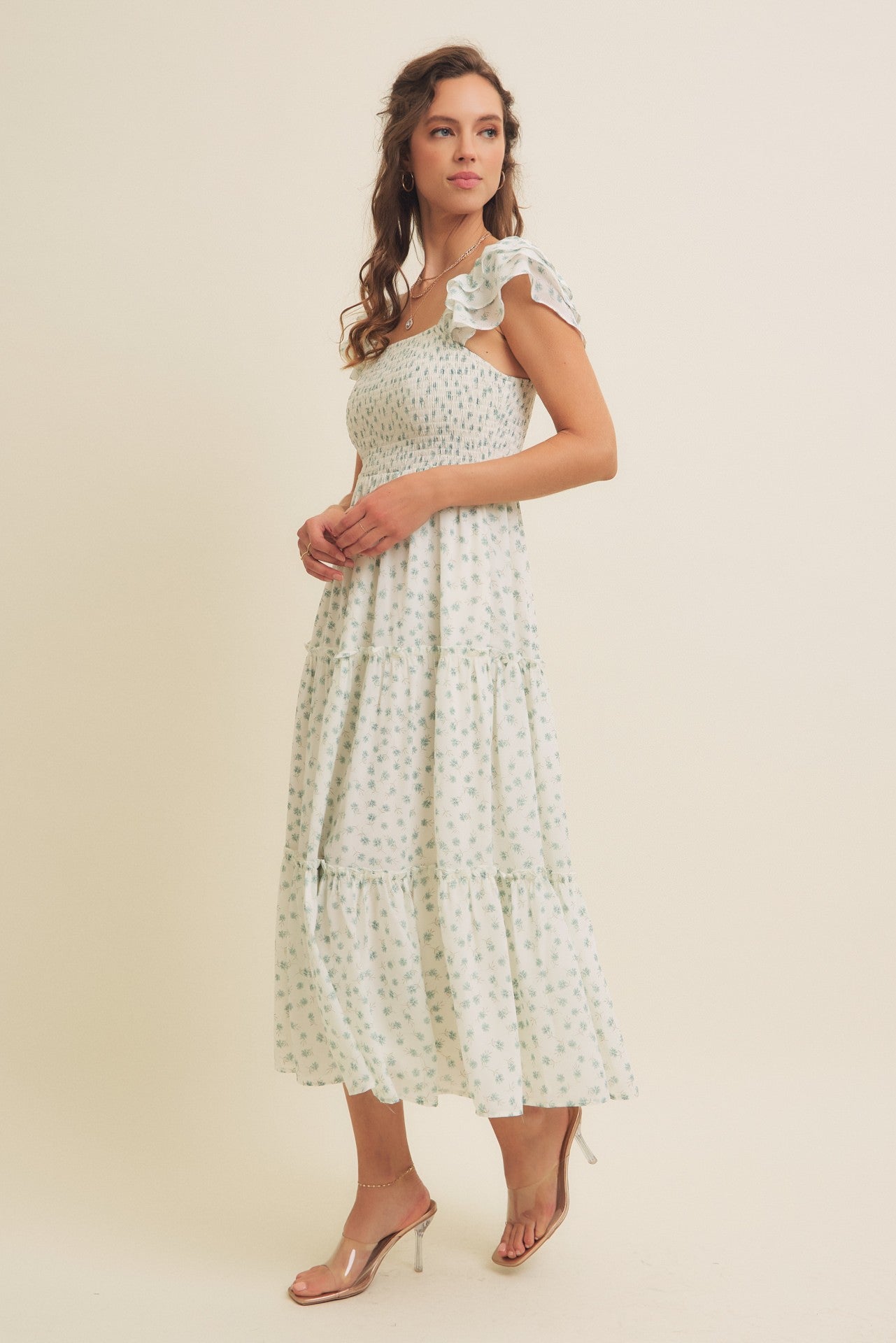 Jade Elegant Chiffon Floral Smocked Midi Dress