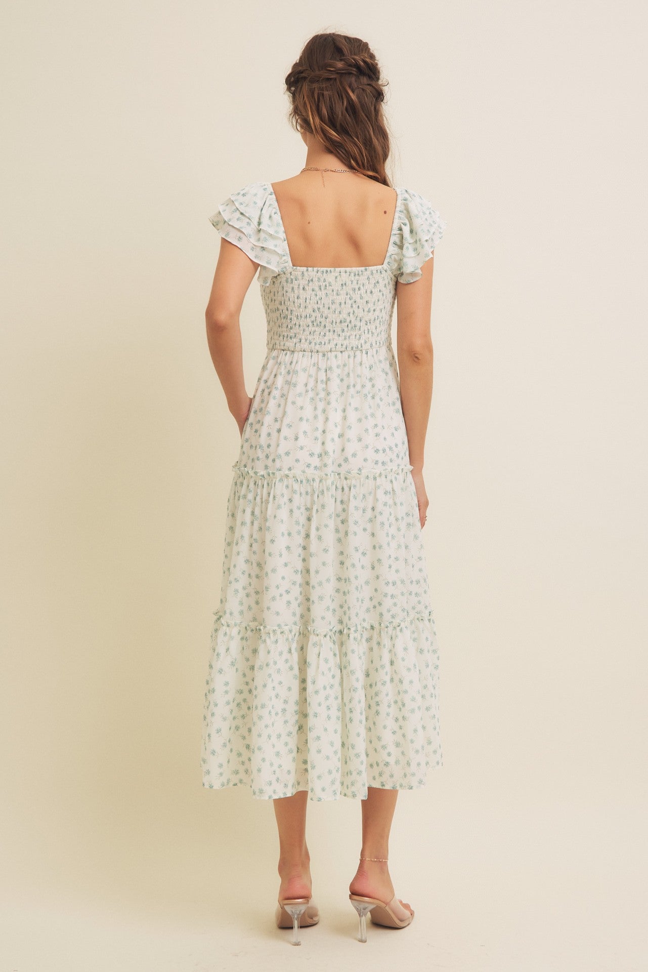 Jade Elegant Chiffon Floral Smocked Midi Dress